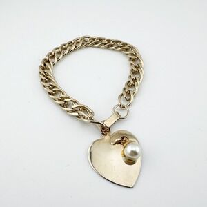 Gold Tone Heart‎ Charm Chain Bracelet Women Pearl Accent Chunky Link